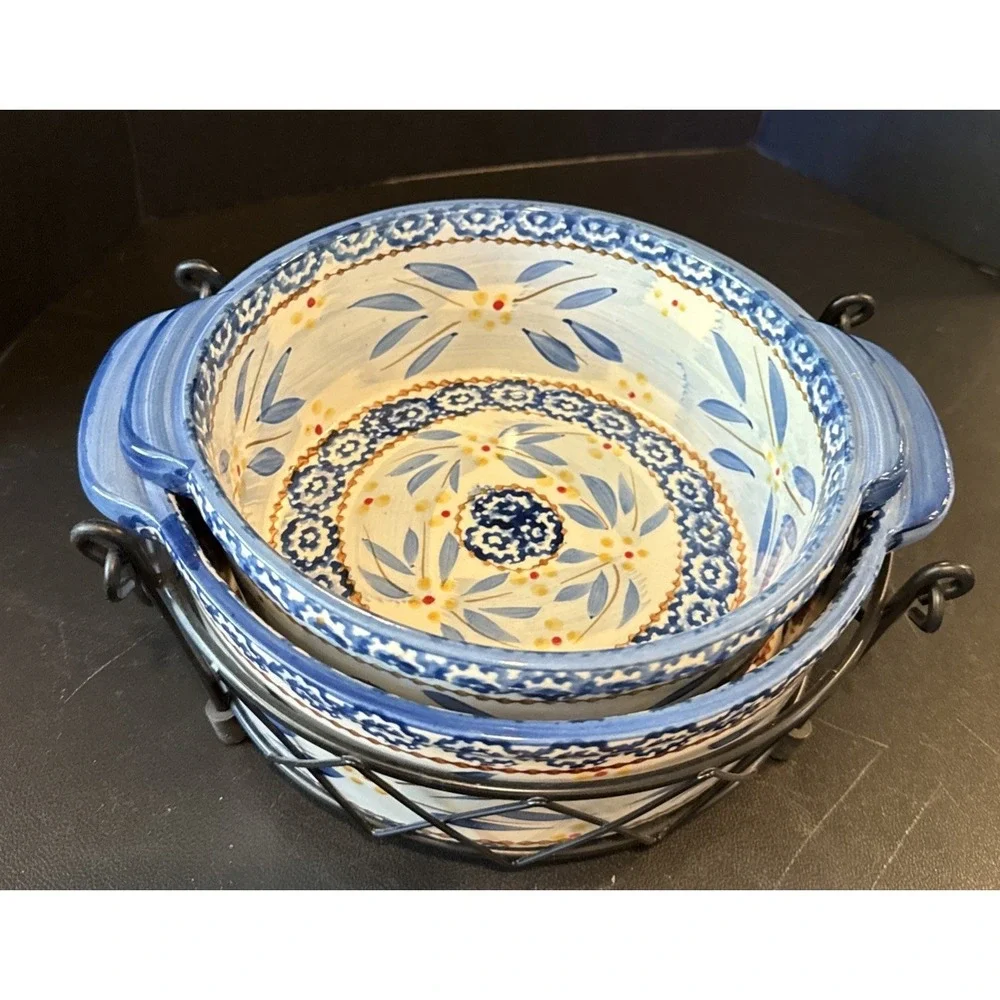 Temptations Old World Blue Round Baking Casserole 1 And 1.5‎ Quart Wire Rack Set
